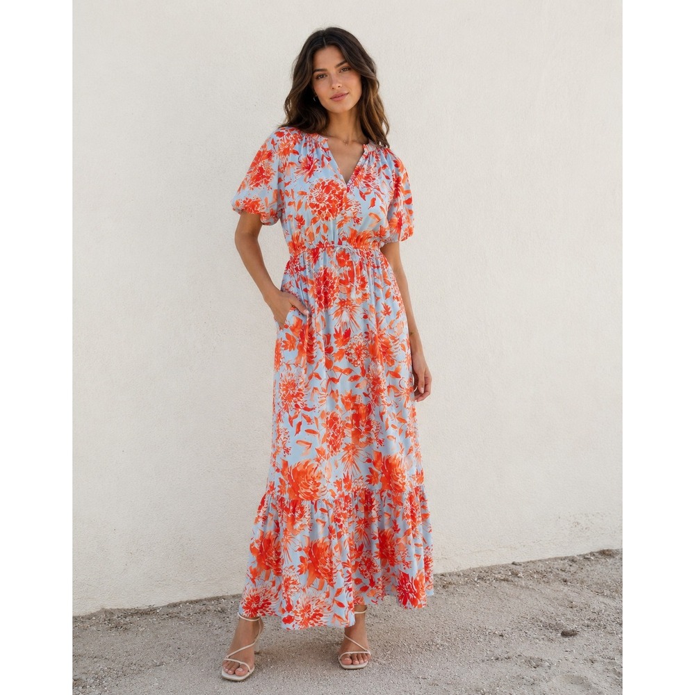 Voyageur by Mersea NWT Hedy Maxi Floral Dress Orange Blue Cotton V-Neck  Small